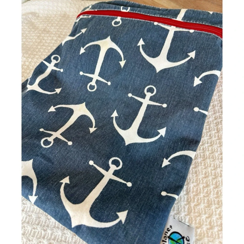 Planet Wise Diaper Wet/Dry Bag Large 2 Zipper Pockets Red/White/Blue Anchors